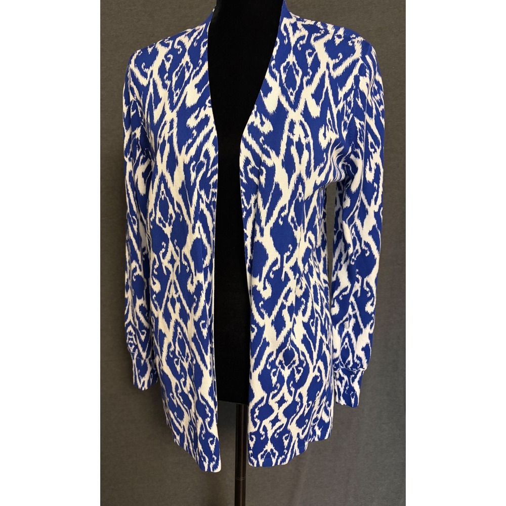 Chicos Open Front Cardigan Blue‎ White Ikat Print Long Sleeve Sz 1 (8) Vibrant